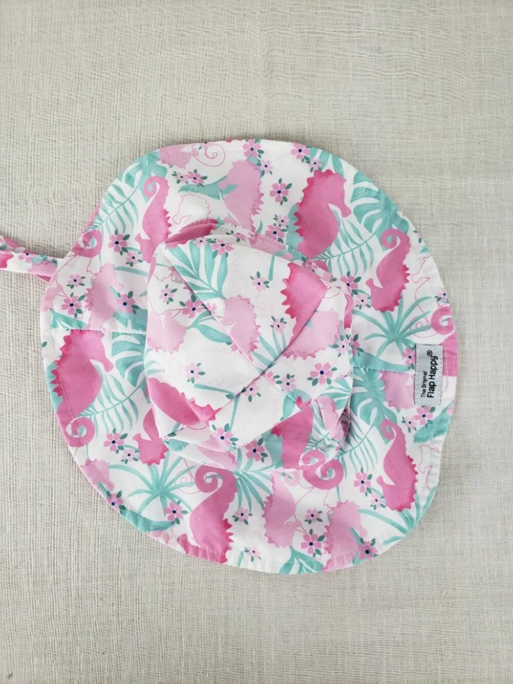 Flap Happy Sun Hat Pink Green Seahorse Print Bucket Hat Bonnet Size Small 3-6 Mo